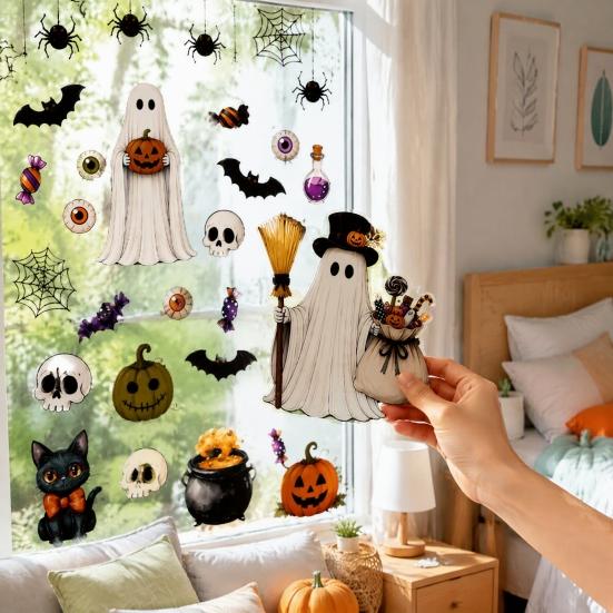 PVC Wall Sticker 6 Sheets Halloween Window Clings, Spooky Ghost Pumpkin Bat Clear Pattern Decal Sticker, Reusable Static Glass Decals for Holiday