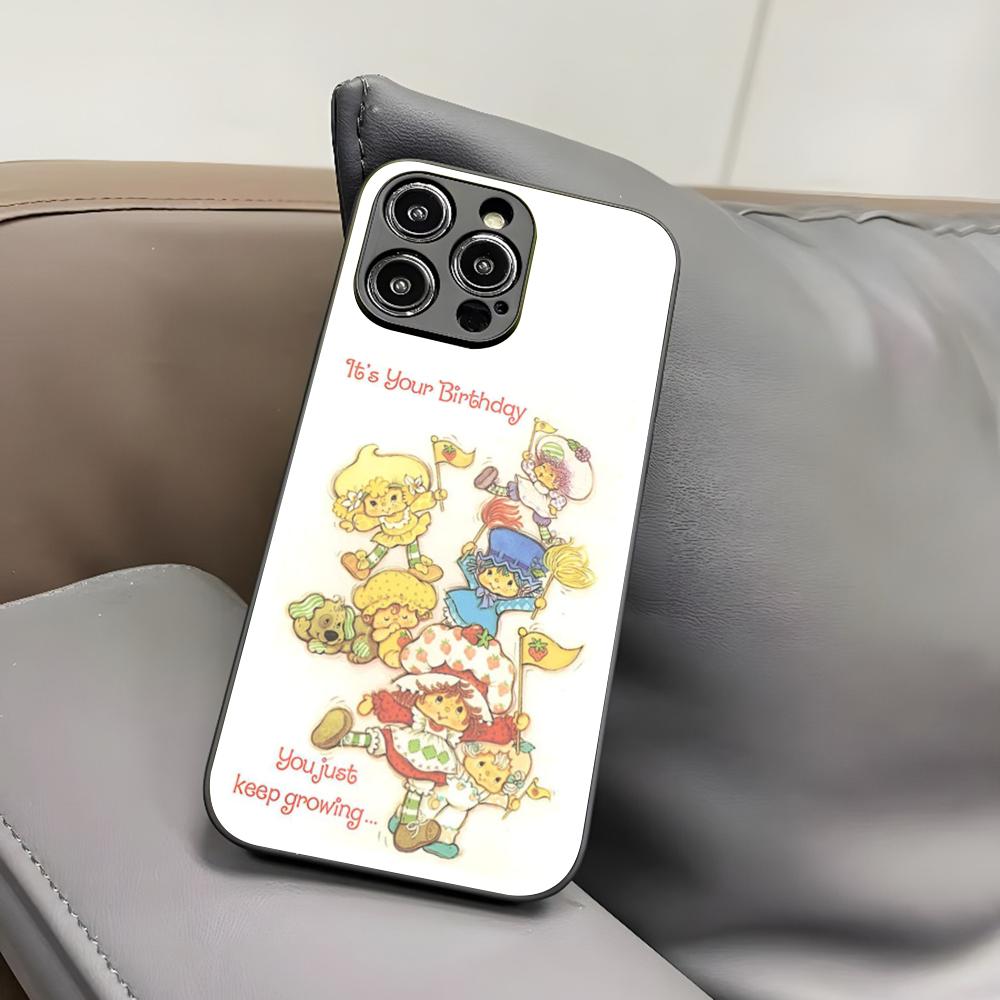 V-Vintage-D-Strawberry Shortcake Phone Case for Iphone 17 Air 16 15 14 12 11 13 Pro Max Mini X Xr Xs Puls Black Glass Cover