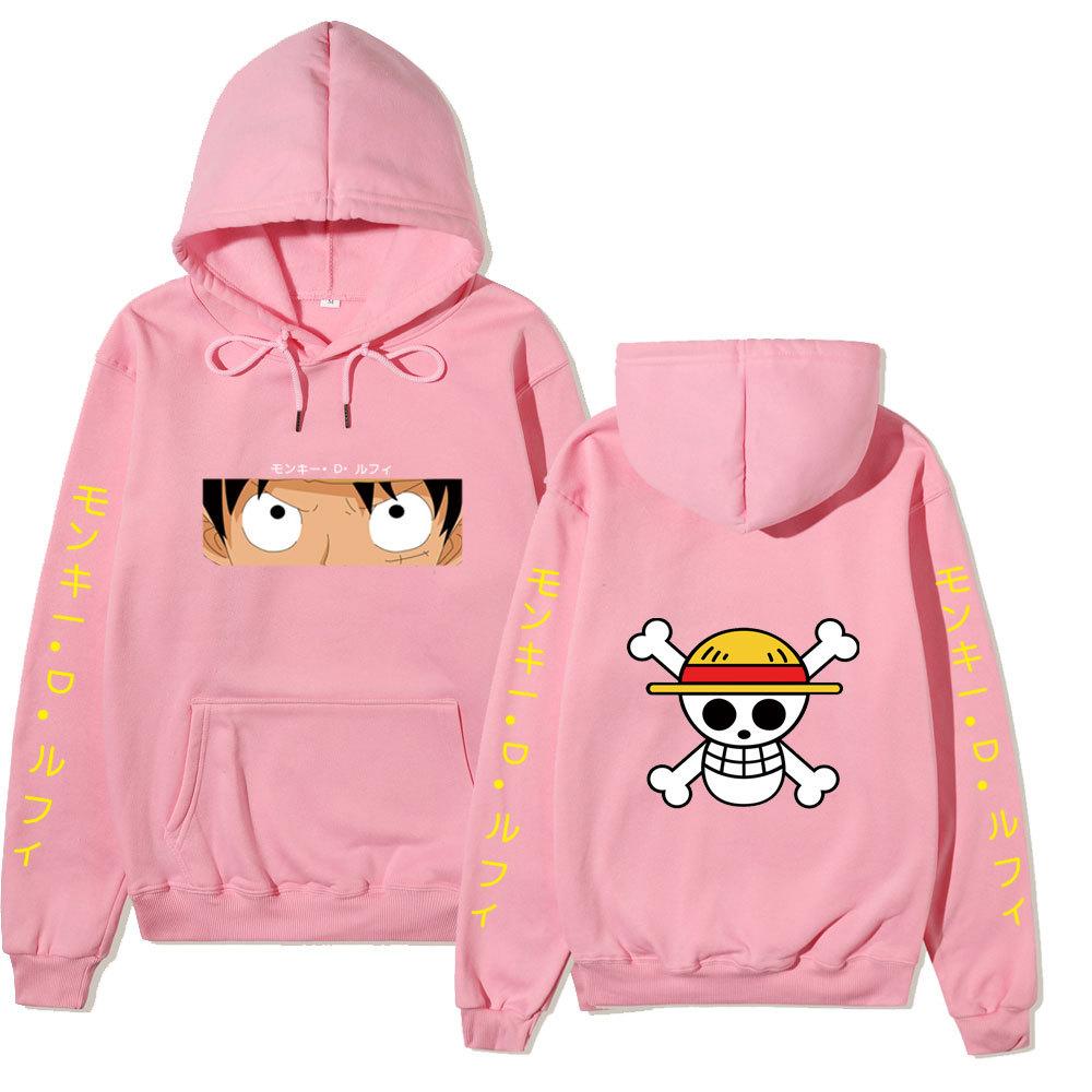 Unisex One Piece Monkey D Luffy Double‑Sided Print Fleece Hoodie, Both‑Sleeves Japanese Text Anime Pullover Hooded Sweatshirt Streetwear
