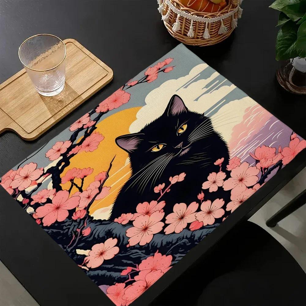 4 шт. Милый кот в кимоно, Льняная салфетка под тарелку, Декоративная салфетка для обеденного стола на вечеринку, Подставка под миску, Термостойкая салфетка под обеденную тарелку 4PC-30X45cm