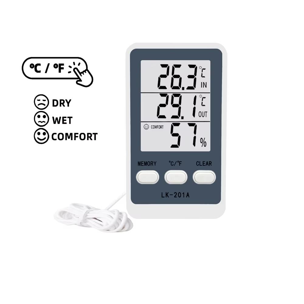

Digital Thermometer Hygrometer Indoor Outdoor Temperature Humidity Meter C/F LCD Display Sensor Probe Weather Station LK-201