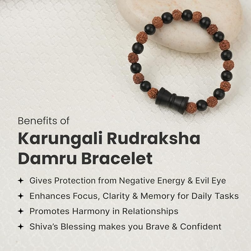 Astrotalk Karungali Rudraksha Damru Bracelet | Original 5 Mukhi Rudraksha and Karungali Beads | Shields From Evil Eye, B