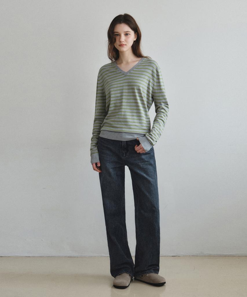 Wednesday Oasis For Woman Washable Mild Stripe V-Neck Knit_Gray(Wc26Kn11)