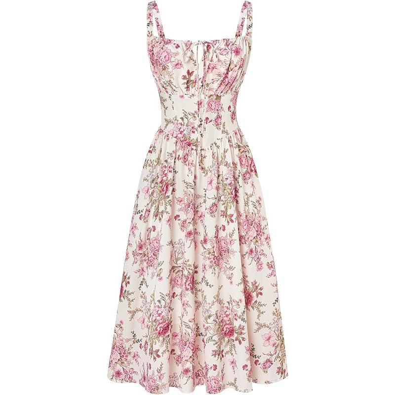 

Червона Темрява Сукня-Корсет з Квітковим Принтом Рушкована в Грудях Сукня-Топ Повітряна Літня Сукня M блискучий рожевий колір