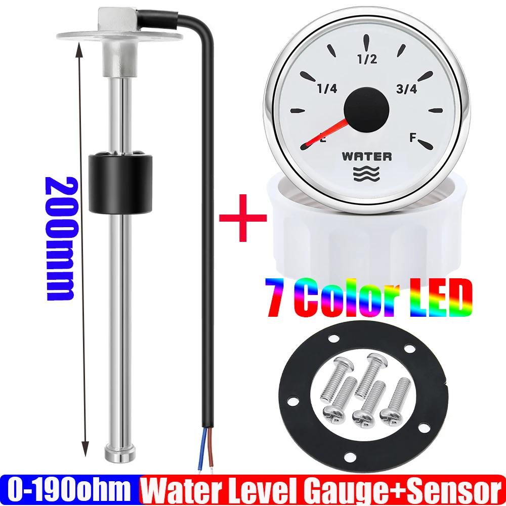 7 Color Backlight 2"52mm Water Level Gauge+Water Level Sensor 100-600mm Custom 0-190Ohm Water Tank Meter Indicator Auto Car Boat