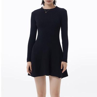 Long Sleeve Knitted Dress for Women Autumn Winter Slim Round Neck  A-line Bottoming Dress Black Korean Style Clothing Y2k