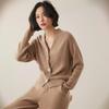 Women's V-Neck Cashmere Cardigan with Shell Buttons - Waist-Cinching, Long-Sleeve Knit Sweater