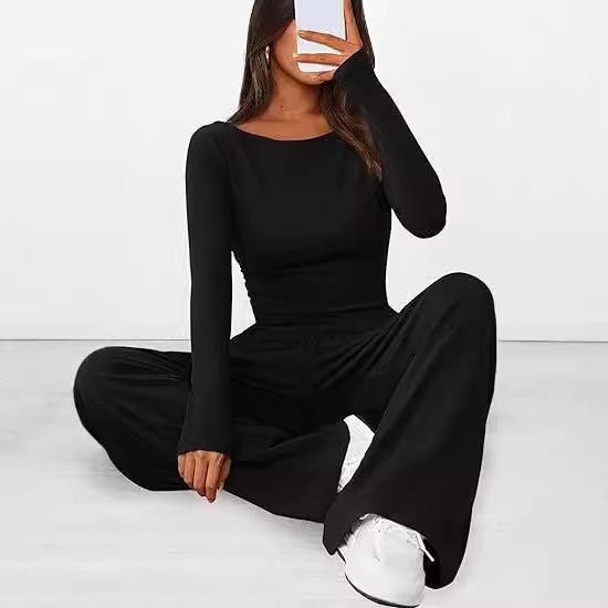 2025 Autumn Asymmetrical Long-Sleeve T-Shirt & Wide-Leg Pants Casual Loungewear Set