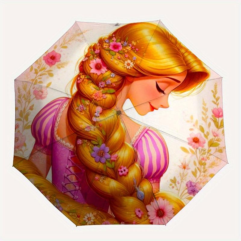 Disney Princess,Rapunzel Manual Opening and Closing Umbrella - 8-Rib Reinforced Folding Design, Lightweight and Portable, Suitable for Daily
