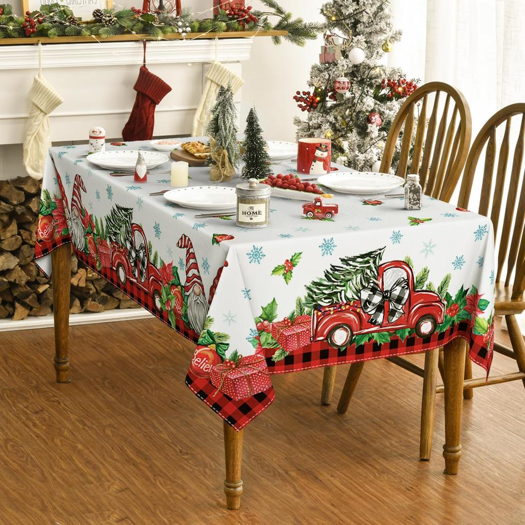 Christmas Gnome Truck Buffalo Plaid Tablecloth Party Decor Washable Xmas Snowflake Waterproof Tablecloth Christmas Decorations