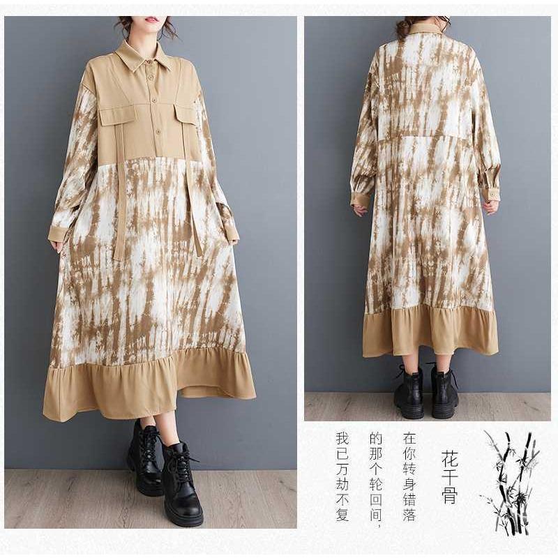 Damen Retro Literarisch Locker Schlank Mittellang Bedrucktes Kleid Damen