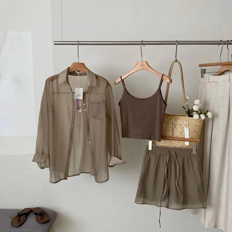 Summer Women's 3-Piece Set Lightweight Long-Sleeve Thin Sunscreen Shirt Cardigan, Camisole & Casual Shorts
