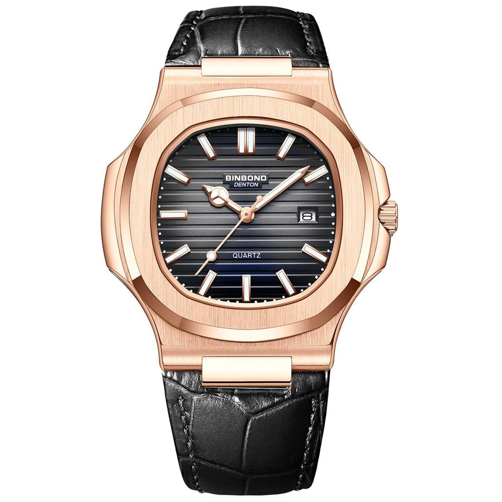 Men's Fashionable Waterproof Luminous Calendar Watch with Genuine Leather Strap