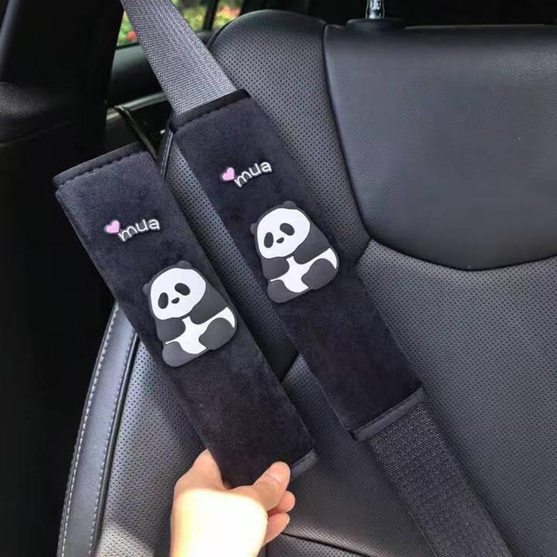 2pcs Cute Panda Car Seat Belt Shoulder Cover Safety Belt Cover Anti-stranglehold Interior Accessories Creative Safety Belt Cover