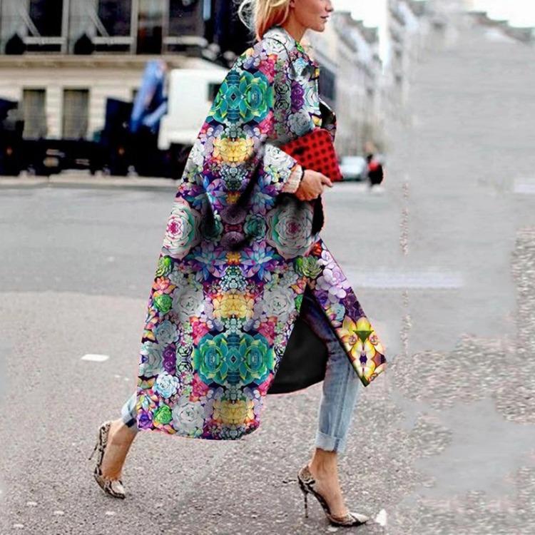 Women Fashion Printed Trench Coat Long Outerwear Cardigan Pocket Jacket Overcoat