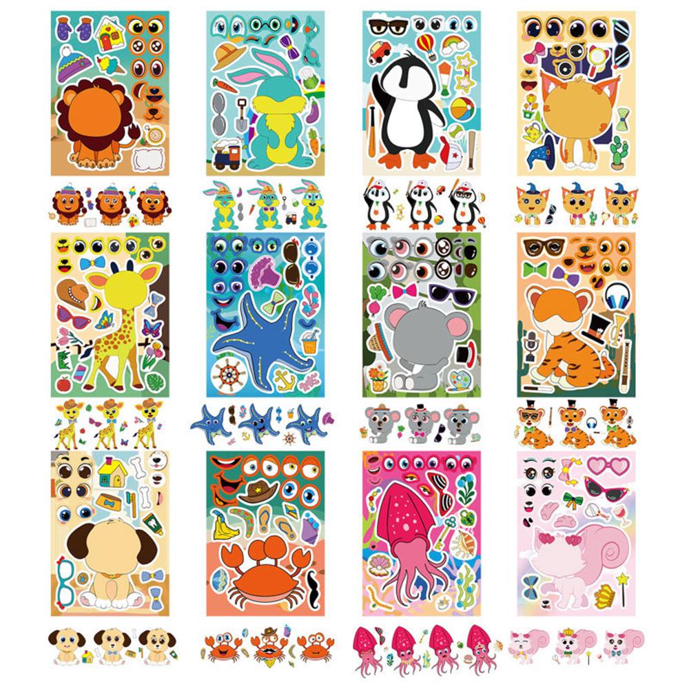 6/12sheets Mixed Cute Animals Cartoon Puzzle Stickers Funny Make a Face Party Game Assemble Jigsaw Decals Toys Gifts