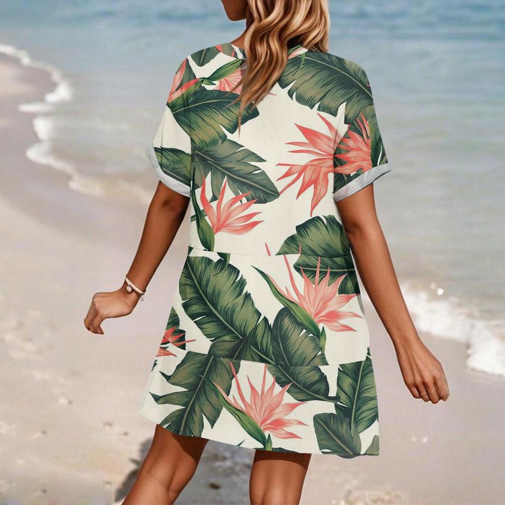 Dámské módní havajské květinové ležérní šaty s krátkým rukávem a výstřihem do V, plážové šaty