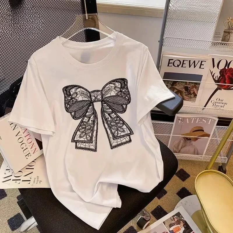 Korean Popular Bows Print T-Shirt Women Summer 2025 New Tee Casual Short Sleeve Y2k Top Elegant Ladies Printing Non-embroidery