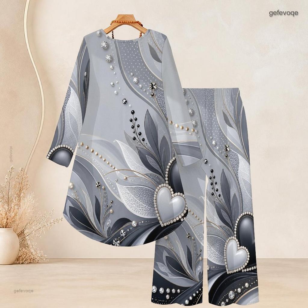 Women Plus Size Black Round Neck Long Sleeve Star Printed High Low Top Wide Leg Pants Two Piece Set