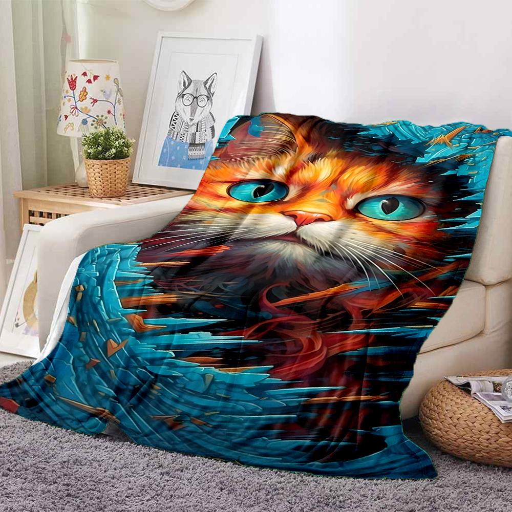 1Pc Abstract Cat Portrait Flannel Blanket, Soft And Comfortable, Casual Warm, Camping Travel, Christmas, Halloween Xmas Gift. G1143