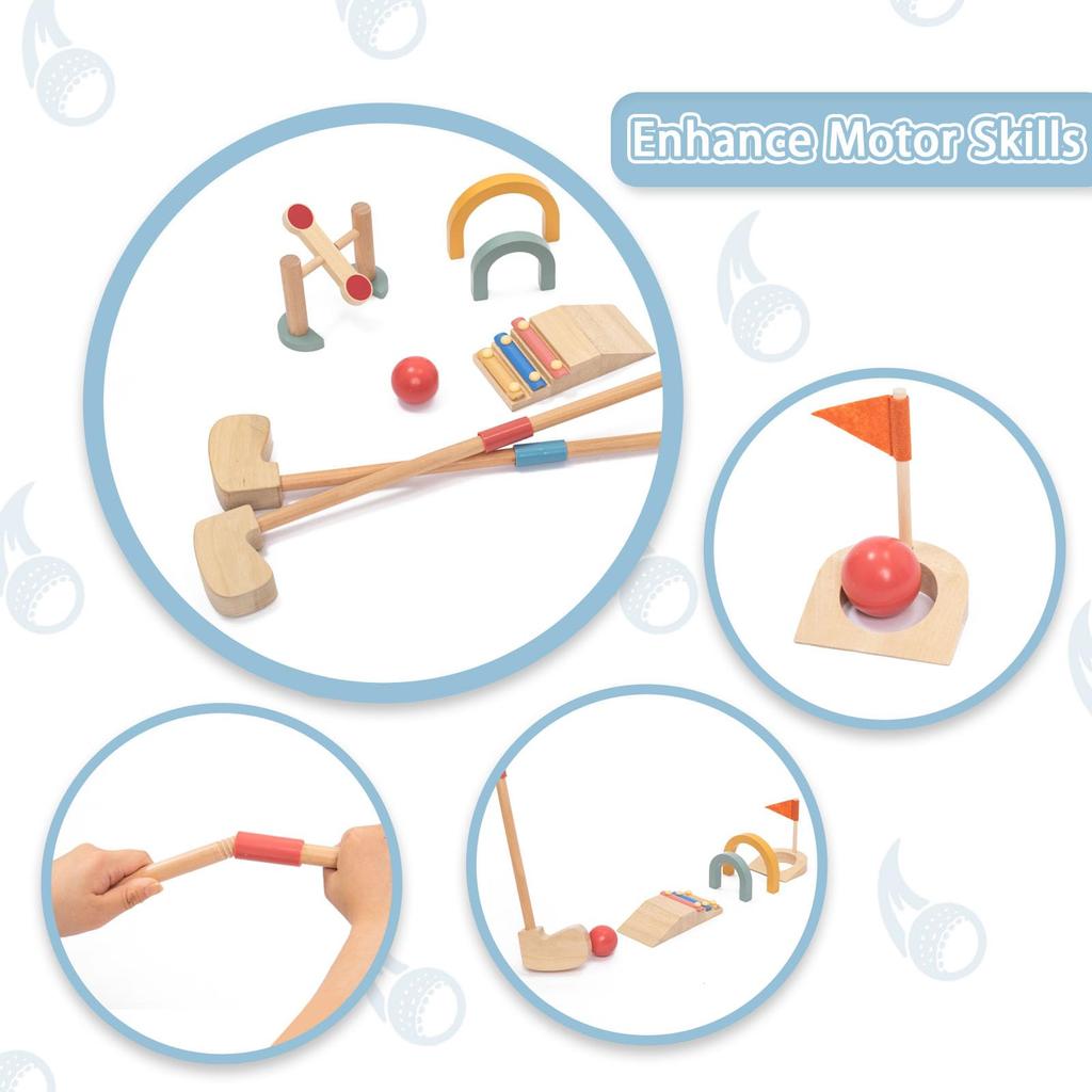 UMU 15-Piece Wooden Mini Golf Set with Obstacles, Balls, Clubs, and Accessories, Suitable for Indoor and Outdoor Play, Montessori-Style Educational