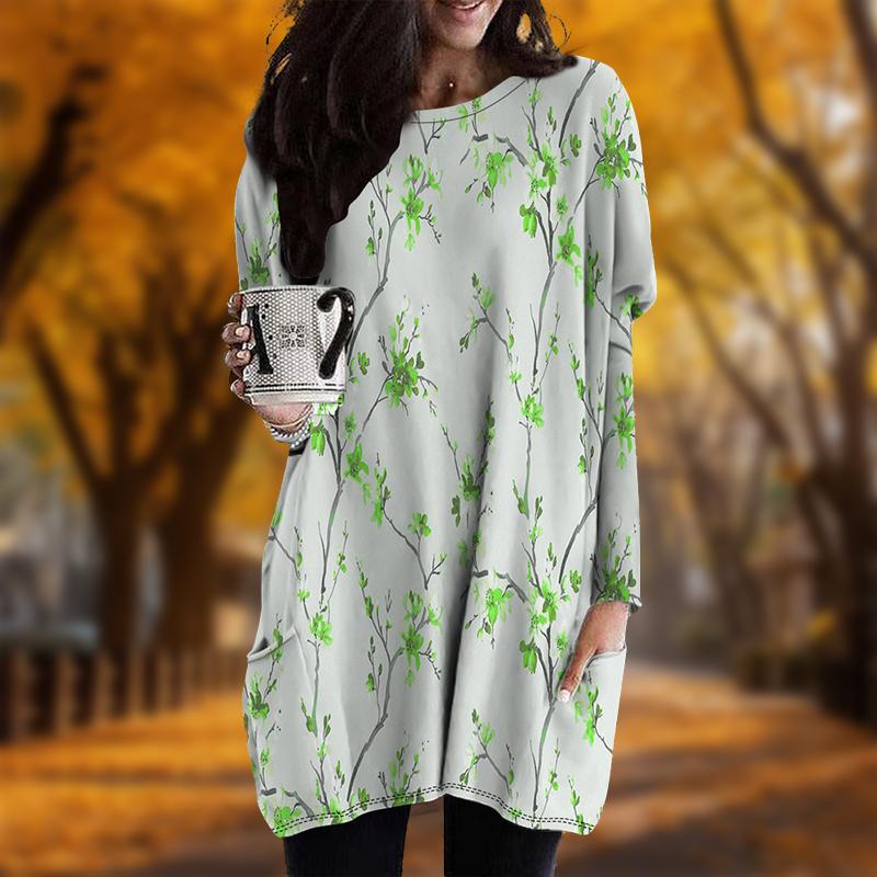 New In Autumn Elegant Plum Blossom Print Plus Size Dress Women O'neck Long Sleeves Casual Pocket Dresses