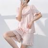 Spring and Summer New Cloud Cotton Dyed Lattice Pajamas Women's Square Collar Short Sleeves Sweet and Cute Pullover Loungewear with Chest Pad