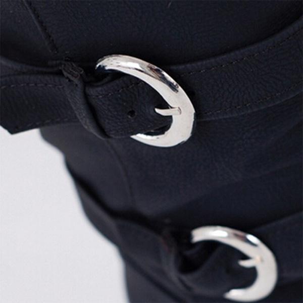 Women Fashion  Shoes Slope with Boots Leather Boots Belt Buckle Metal Boots
