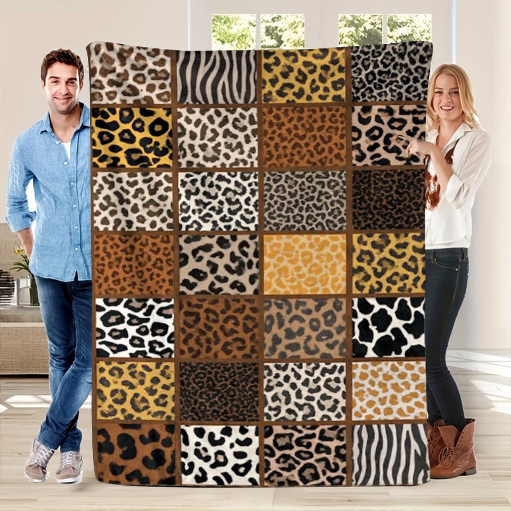 1pc Leopard Print Patchwork Flannel Blanket, Soft Plush, Home Camping Travel, All-Season, Neutral Colors, for Couch