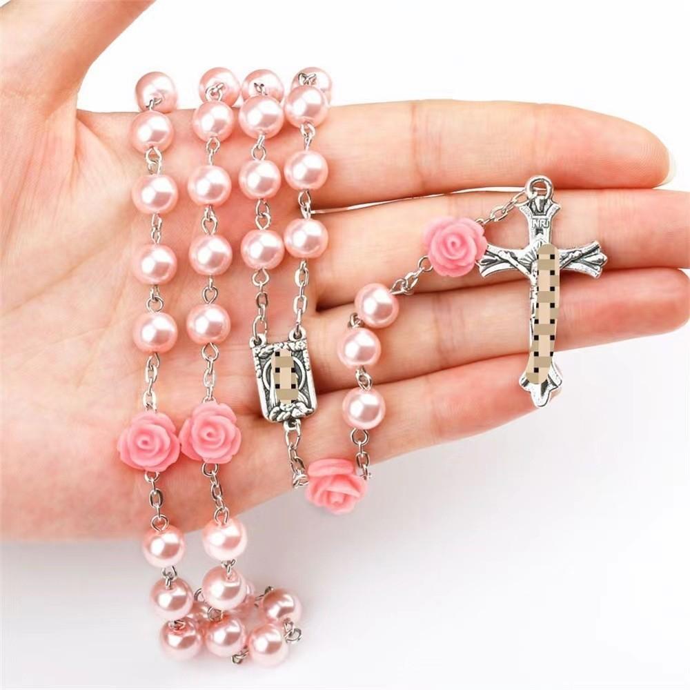 Roses Women Round Bead Necklace Cross Pendant Alloy Material Valentine Gift Day