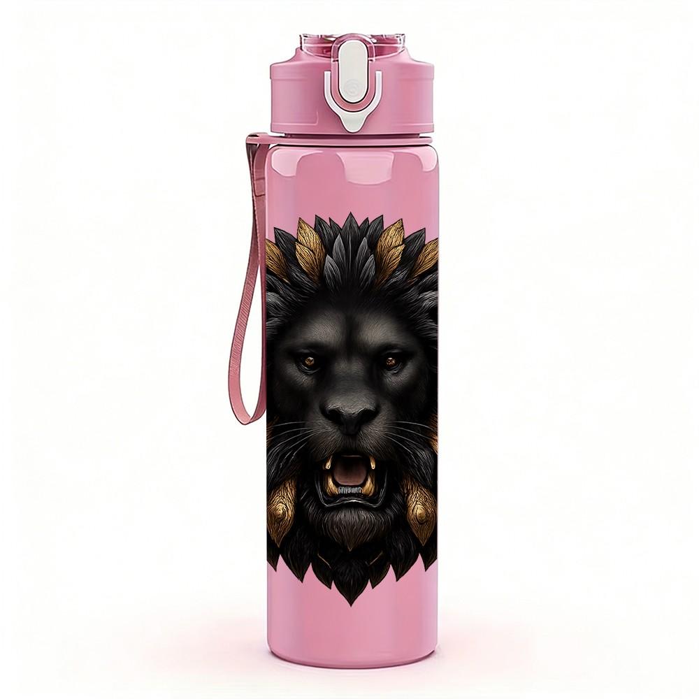 1PC Dark Lion Head Portrait 750ml Color Plastic Sports Water Bottle Leakproof Flip Straw Lid Suitable for Sports Office Home Use