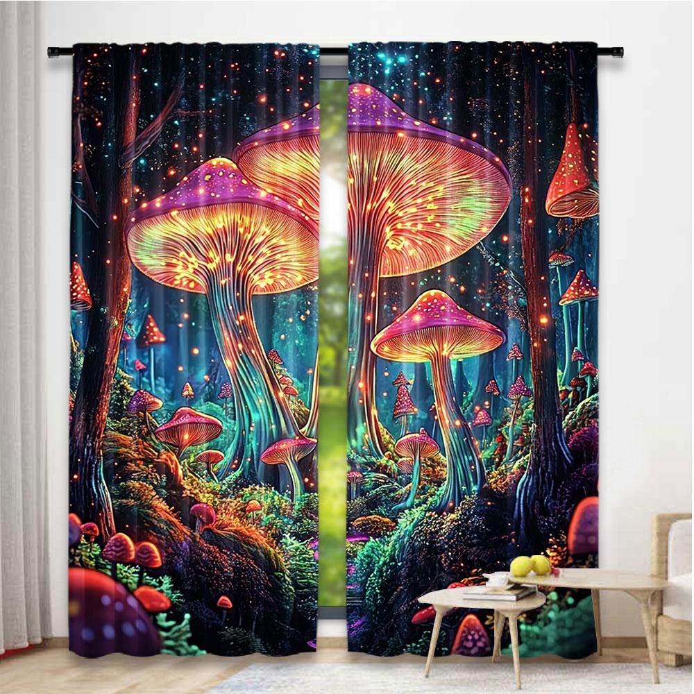 2Pcs Mushroom Curtain Boho Curtains For Cute Mushroom Mother Curtains Blue Forest Landscape Curtain For Bedroom Living Room