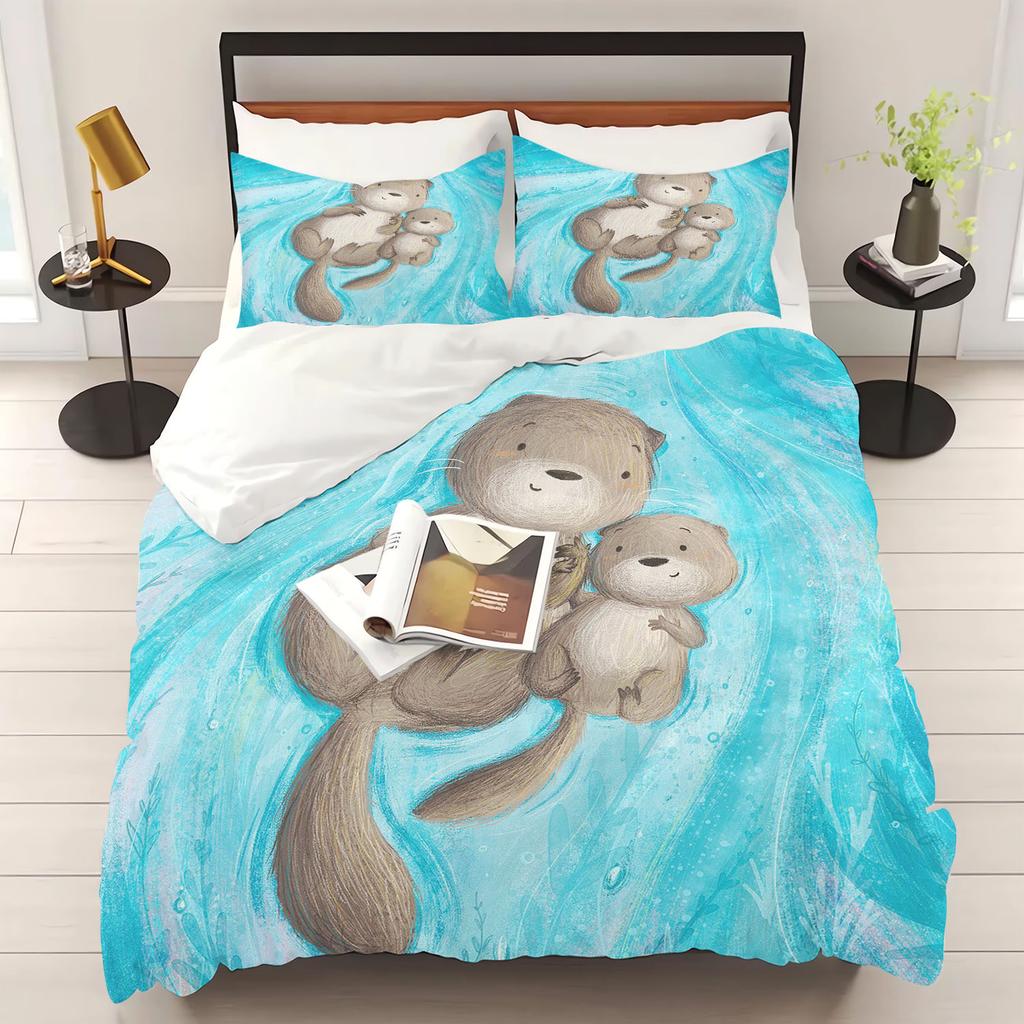 Otter Duvet Cover Animal Cartoon 3-Piece Set Children Cute Polyester Soft Breathable Comforter Animation Bedding