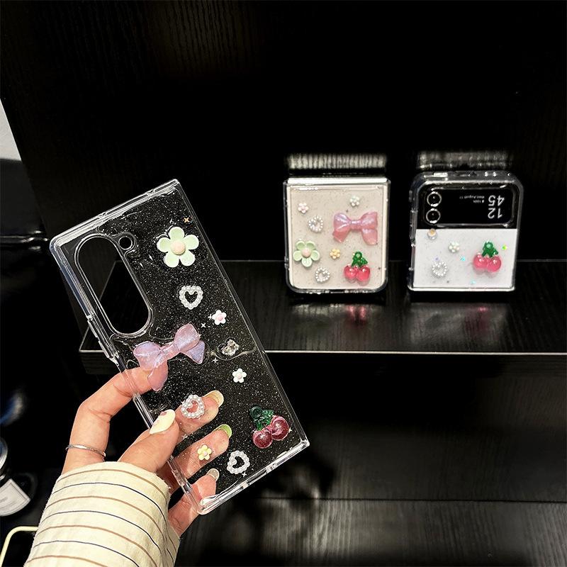 Small Fresh Cherry Bow Flower Mobile Phone Case for Samsung Zflip6 Flip Folding Screen Zfold5 Hard Case