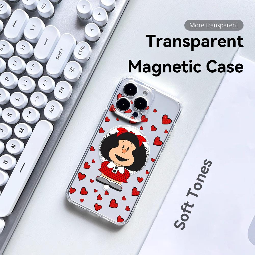 Cartoon Cute M-Mafalda Phone Case For iPhone 17 16 15 14 13 12 Pro Max Plus With Magnetic Crystal Clear Case Wireless Charge