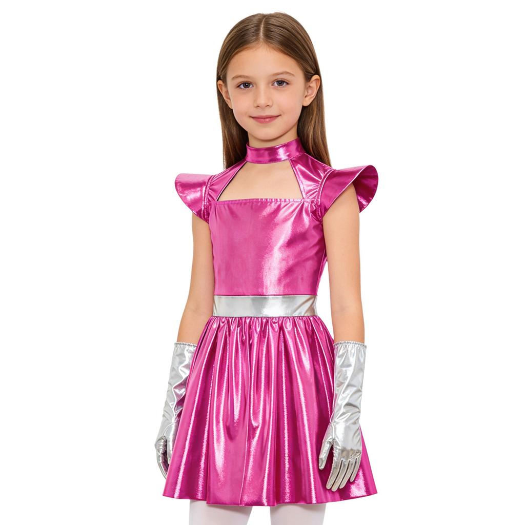 Kinderen Meisjes Buitenaards Cosplay Kostuum Uitgesneden Vliegende Mouw Metallic A-lijn Jurk met Handschoenen voor Halloween Robot Buitenruimte Feest