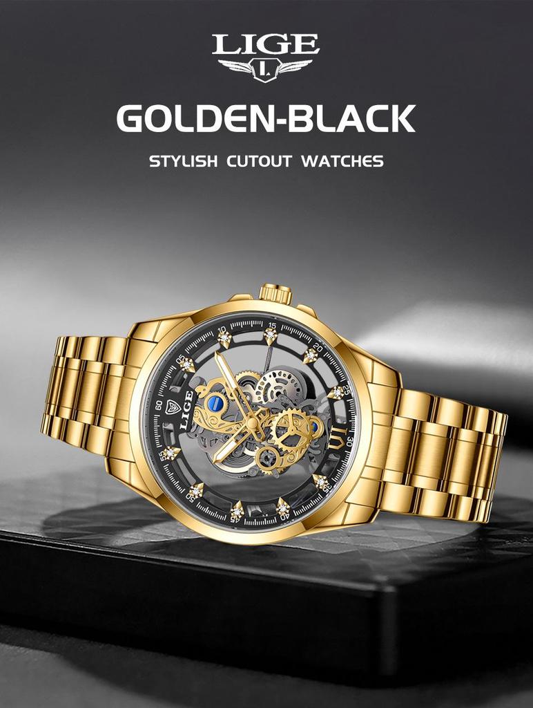 LIGE Men's Skeleton Quartz Watch: Transparent, New Concept, Business, Waterproof.