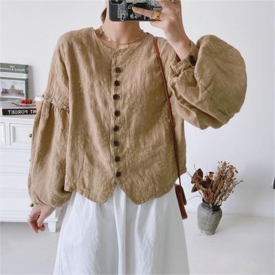Høstbroderi Lin Vintage Løse Damejakker Lanternerme Ensfarget enkeltspent kåper