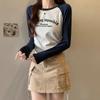 American letter print long-sleeved T-shirt with contrasting color raglan sleeves, pure cotton drawstring waist and age-reducing top for autumn