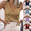 Women Tops Deep V-Neck Sparkling Sequins Design Sleeveless Vest Loose Fit Party Camisole Nightclub Wear