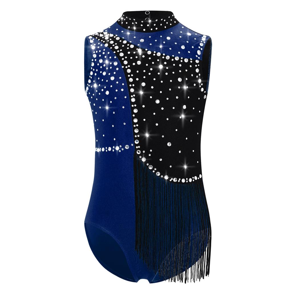 Girls Gymnastics Leotard Color Block Mock Neck Sleeveless Keyhole Back Shiny Rhinestones Tassels Bodysuit