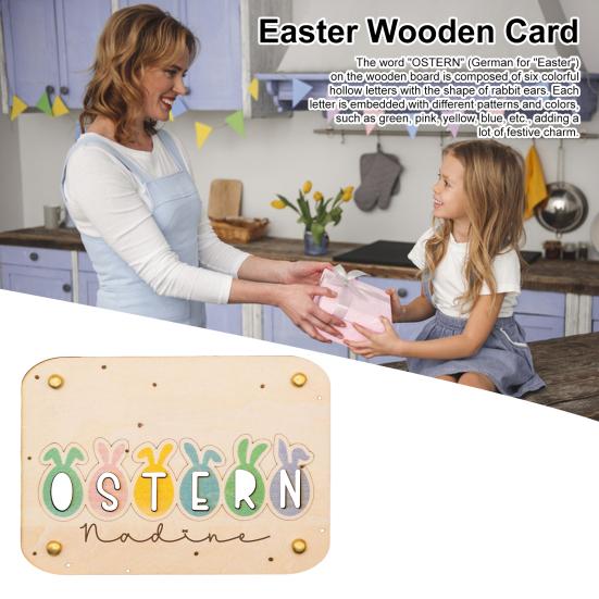 Wooden Easter Greeting Card Handmade OSTERN Rabbit Ear Colorful Egg Decoration Sign Easter Spring Letters Bunny Ear Shaped Egg Ornament