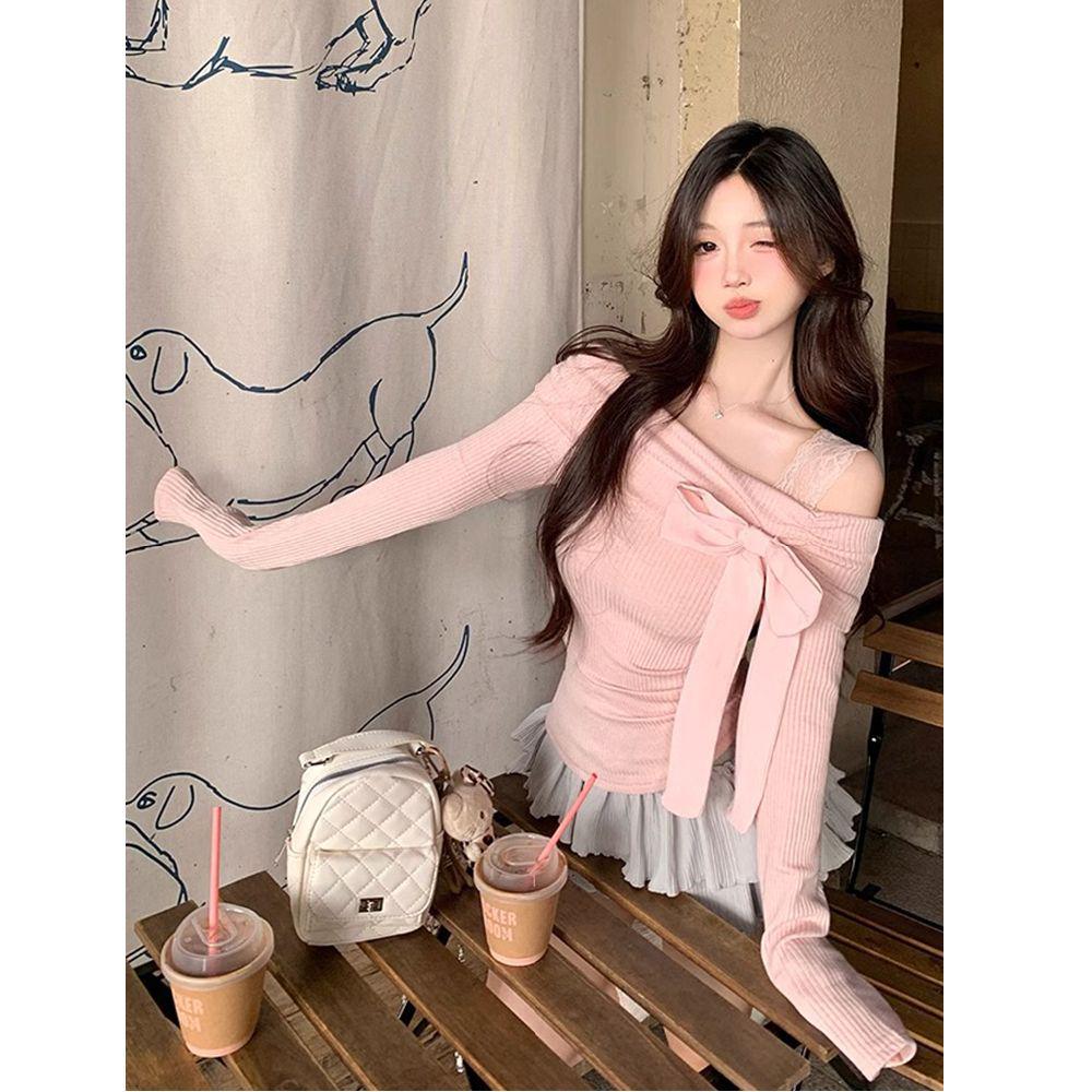 Pure Desire Pink One-Shoulder Bow Lace Top - Sweet & Spicy Autumn/Winter Women's Base Layer