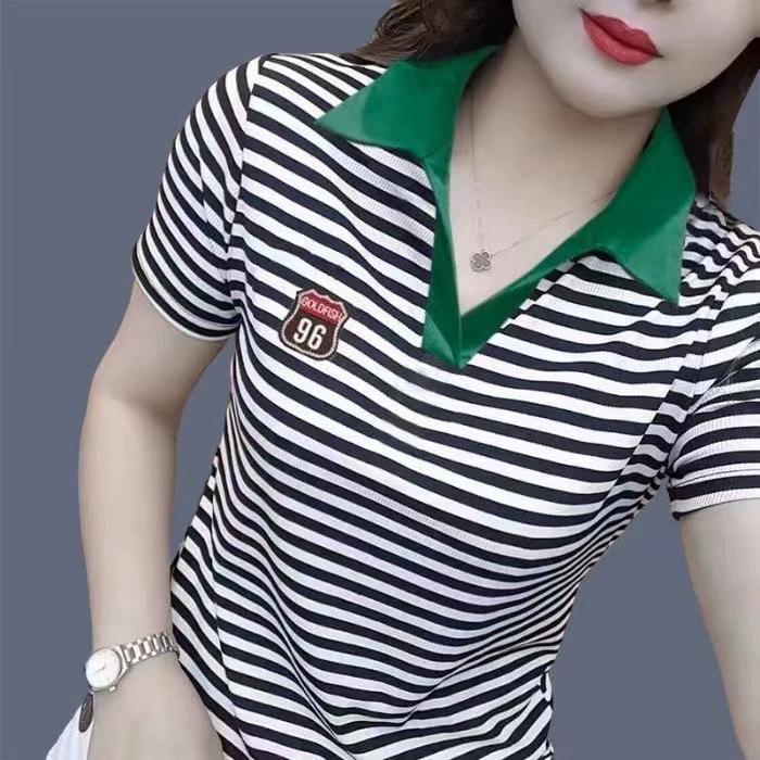 Short Sleeved T-shirt, Plus Size Women's Clothing, Pure Desire Polo Shirt, Lapel Striped Contrasting Color, Stylish Casual Versatile Top