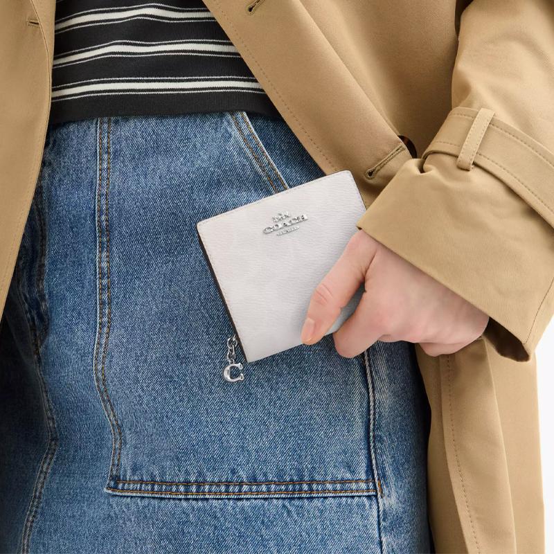 Coach Snap Wallet 10 Metal Logo Double Fold Design Leather Wallet Women Wallet Silver White Chalk CW789-SVXU5