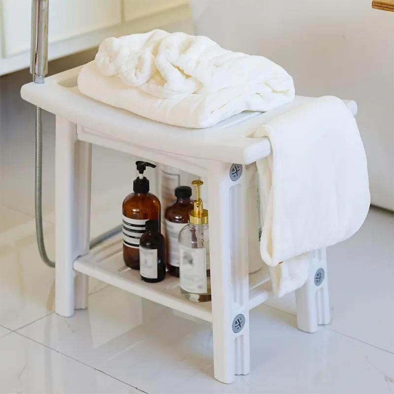 Non-Slip Home Bathroom Shower Stool Mold-Resistant Storage Seat White Plastic Storage Bench with Shelves Bath Shower Essentials