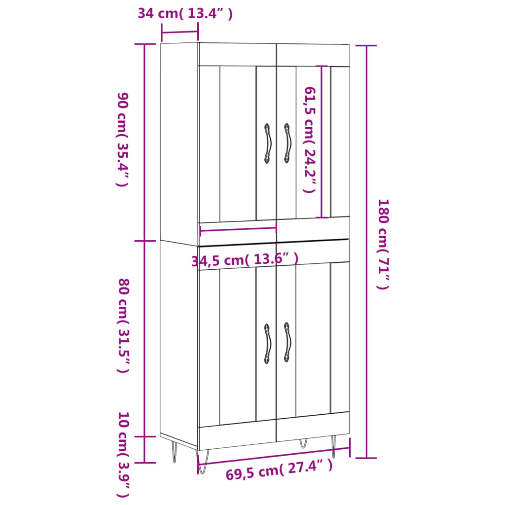 Highboard Gray Sonoma 69.5 x 34 x 180 cm Particleboard