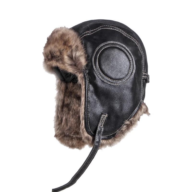 Hat men's autumn and winter imitation leather outdoor windproof riding hat women's ear protection warm pilot hat