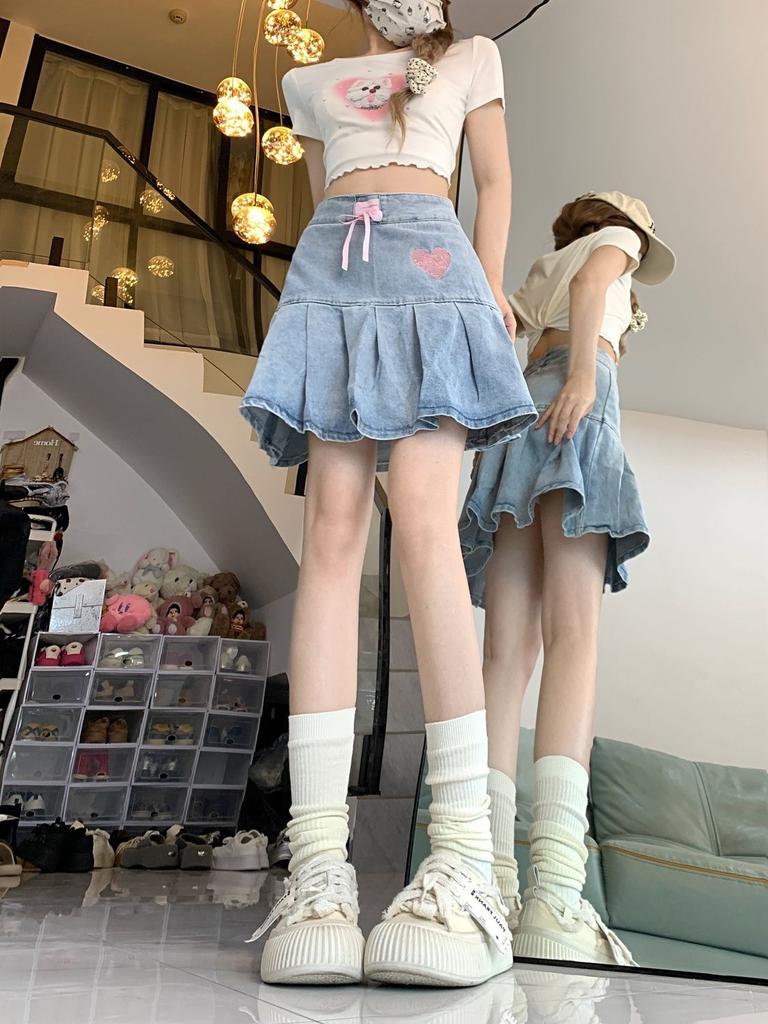 Women's Blue A-line Denim Pleated Skirt Vintage Y2k Mini Cowboy Skirt Harajuku Korean Jean Skirts 2000s Fashion Clothes Summer