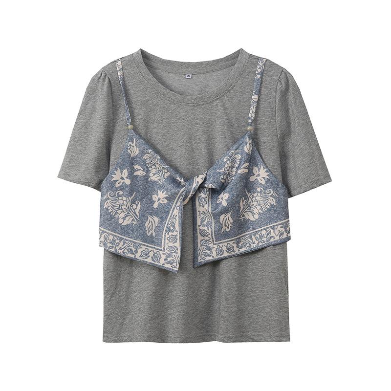 Vintage Silk Scarf Suspender Fake Two-piece Splicing T-shirt Summer New New Belly Cover and Thin Top 232806